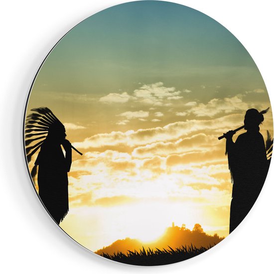 Artaza Muurcirkel - Twee Silhouetten van Indianen bij Zonsondergang - Wandcirkel - Rond Schilderij