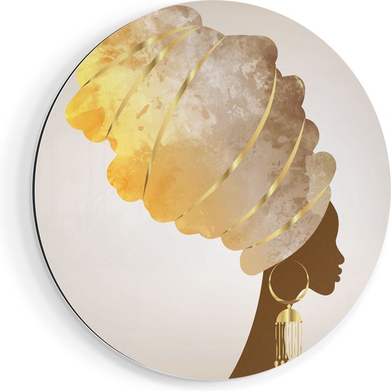 Artaza Dibond Muurcirkel - Afrikaanse Vrouw Met Gouden Tulband  - Ø 40 cm - Klein - Wandcirkel - Rond Schilderij - Voor Binnen en Buiten