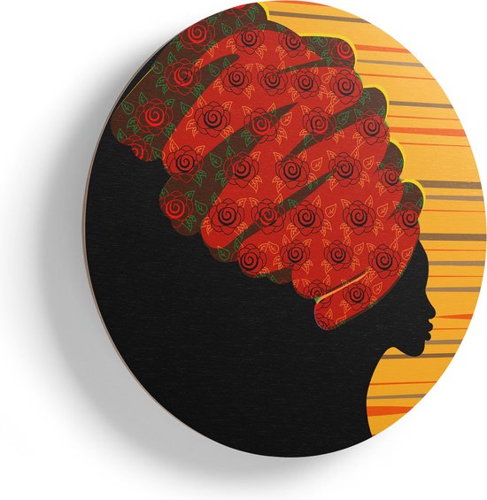 Artaza Houten Muurcirkel - Afrikaanse Vrouw Met Bloemen Tulband - Abstract - Ø 85 cm - Groot - Multiplex Wandcirkel - Rond Schilderij