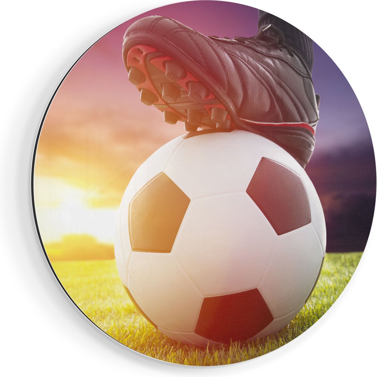 Artaza Dibond Muurcirkel Klassieke Voetbal Aftrap Met Zonsondergang - Ø 70 cm - Wandcirkel - Rond Schilderij - Voor Binnen en Buiten
