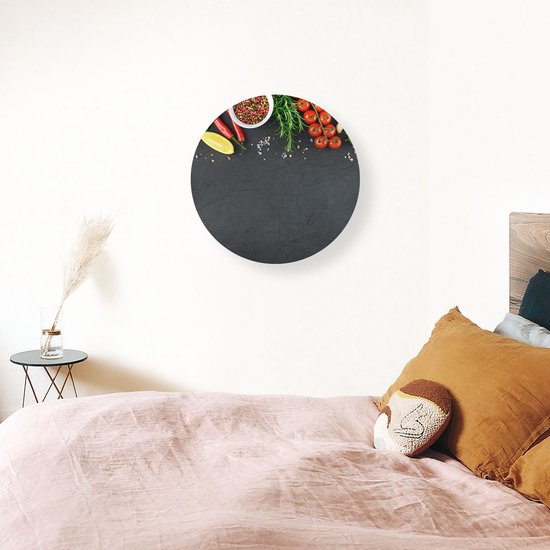 Artaza Cercle mural Dibond Herbes avec légumes sur assiette noire - Ø 70 cm - Cercle mural - Peinture ronde - Pour intérieur et extérieur