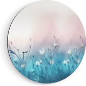 Artaza Dibond Muurcirkel Witte Bloemen Op Een Blauw Achtergrond - Ø 90 cm - Groot - Wandcirkel - Rond Schilderij - Voor Binnen en Buiten