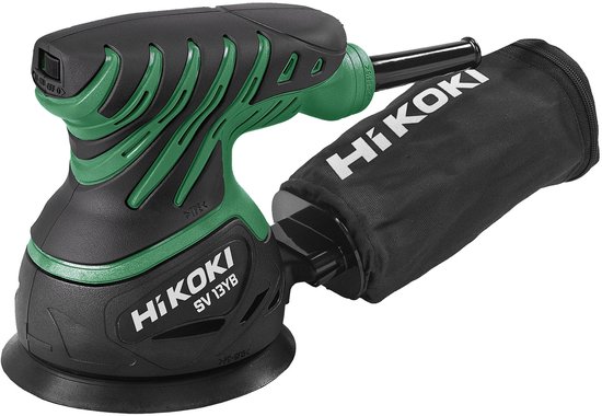 Zwarte en groene HiKOKI SV13YB excenterschuurmachine met stofzak. Ergonomisch ontwerp.