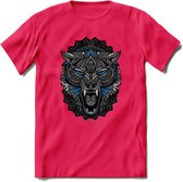 Wolf - Dieren Mandala T-Shirt | Blauw | Grappig Verjaardag Zentangle Dierenkop Cadeau Shirt | Dames - Heren - Unisex | Wildlife Tshirt Kleding Kado | - Roze - XL