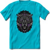 Wolf - Dieren Mandala T-Shirt | Paars | Grappig Verjaardag Zentangle Dierenkop Cadeau Shirt | Dames - Heren - Unisex | Wildlife Tshirt Kleding Kado | - Blauw - M