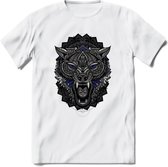 Wolf - Dieren Mandala T-Shirt | Donkerblauw | Grappig Verjaardag Zentangle Dierenkop Cadeau Shirt | Dames - Heren - Unisex | Wildlife Tshirt Kleding Kado | - Wit - XL