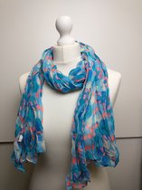 Lange dames sjaal Ilona fantasiemotief blauw groen wit oranje roze