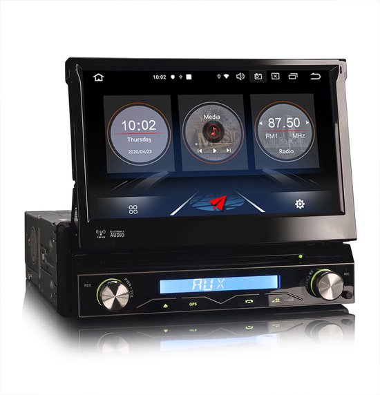 1din autoradio met klapscherm navigatie, DVD-speler, AUX, USB en  Bluetooth-interface voor