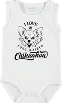 Baby Rompertje met tekst 'Long haired Chihuahua' | mouwloos l | wit zwart | maat 62/68 | cadeau | Kraamcadeau | Kraamkado