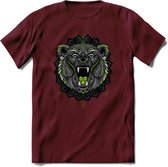 Beer - Dieren Mandala T-Shirt | Groen | Grappig Verjaardag Zentangle Dierenkop Cadeau Shirt | Dames - Heren - Unisex | Wildlife Tshirt Kleding Kado | - Burgundy - M