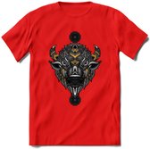 Bizon - Dieren Mandala T-Shirt | Geel | Grappig Verjaardag Zentangle Dierenkop Cadeau Shirt | Dames - Heren - Unisex | Wildlife Tshirt Kleding Kado | - Rood - M