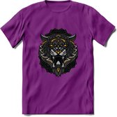 Tijger - Dieren Mandala T-Shirt | Geel | Grappig Verjaardag Zentangle Dierenkop Cadeau Shirt | Dames - Heren - Unisex | Wildlife Tshirt Kleding Kado | - Paars - XL