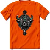Bizon - Dieren Mandala T-Shirt | Aqua | Grappig Verjaardag Zentangle Dierenkop Cadeau Shirt | Dames - Heren - Unisex | Wildlife Tshirt Kleding Kado | - Oranje - 3XL