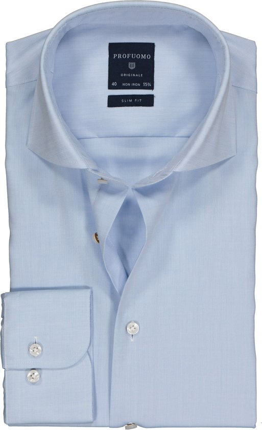 Profuomo Originale slim fit overhemd - twill - lichtblauw - Strijkvrij - Boordmaat: 40