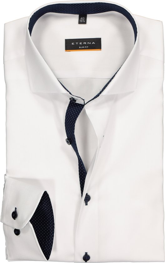 ETERNA slim fit overhemd - fijn Oxford heren overhemd - wit (blauw gestipt contrast) - Strijkvrij - Boordmaat: 37