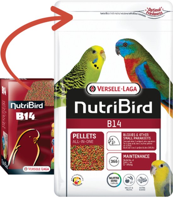 Een zak NutriBird B14 voer met afbeeldingen van een grasparkiet, valkparkiet en twee andere kleine parkieten.