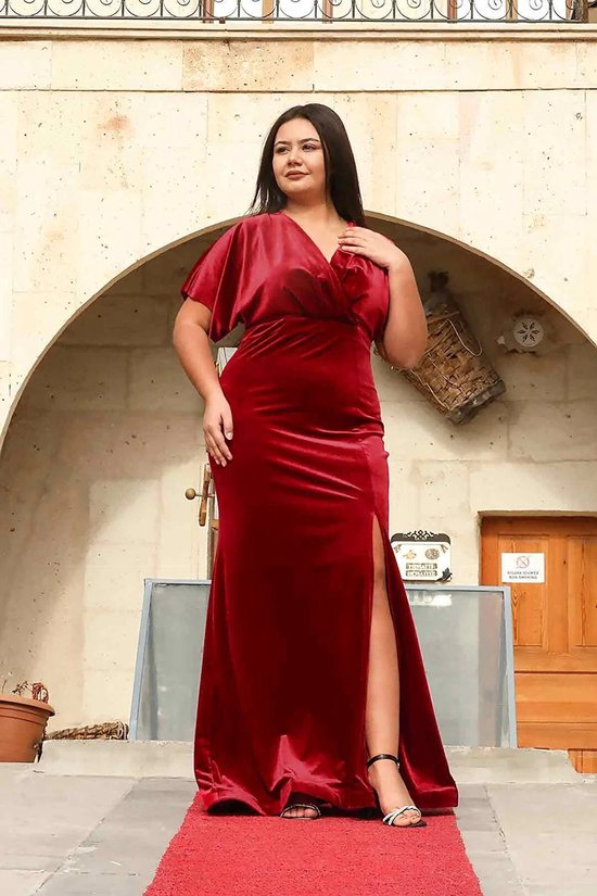 Joligiao Dames Jurk, Elegant Kort Winterjurk, V-hals, Feestelijke Kerstjurk, Partyjurk, Samten Jurk, Cocktailjurk voor Feest, Bruiloft, Bruidsmeisjesjurk, rood, XL