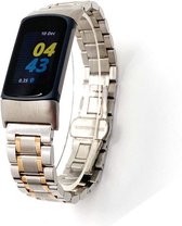 Stalen Smartwatch bandje - Geschikt voor  Fitbit Charge 5 metalen schakel band - zilver/rosé goud - Strap-it Horlogeband / Polsband / Armband