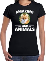 T-shirt vos - zwart - dames - amazing wild animals - cadeau shirt vos / vossen liefhebber M