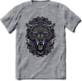Wolf - Dieren Mandala T-Shirt | Paars | Grappig Verjaardag Zentangle Dierenkop Cadeau Shirt | Dames - Heren - Unisex | Wildlife Tshirt Kleding Kado | - Donker Grijs - Gemaleerd - X