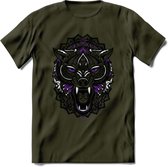 Wolf - Dieren Mandala T-Shirt | Paars | Grappig Verjaardag Zentangle Dierenkop Cadeau Shirt | Dames - Heren - Unisex | Wildlife Tshirt Kleding Kado | - Leger Groen - M