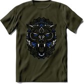 Wolf - Dieren Mandala T-Shirt | Donkerblauw | Grappig Verjaardag Zentangle Dierenkop Cadeau Shirt | Dames - Heren - Unisex | Wildlife Tshirt Kleding Kado | - Leger Groen - XXL