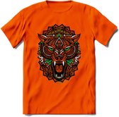 Wolf - Dieren Mandala T-Shirt | Groen | Grappig Verjaardag Zentangle Dierenkop Cadeau Shirt | Dames - Heren - Unisex | Wildlife Tshirt Kleding Kado | - Oranje - L