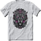 Wolf - Dieren Mandala T-Shirt | Roze | Grappig Verjaardag Zentangle Dierenkop Cadeau Shirt | Dames - Heren - Unisex | Wildlife Tshirt Kleding Kado | - Licht Grijs - Gemaleerd - 3XL