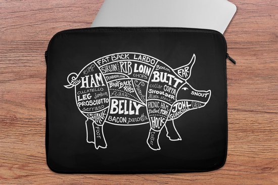 Housse ordinateur portable 15,6 pouces - Cochon - Cuisine - Viande - Housse ordinateur portable - Dimensions intérieures 39,5x29,5 cm - Dos noir - Cadeau pour femme