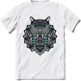 Uil - Dieren Mandala T-Shirt | Lichtblauw | Grappig Verjaardag Zentangle Dierenkop Cadeau Shirt | Dames - Heren - Unisex | Wildlife Tshirt Kleding Kado | - Wit - S