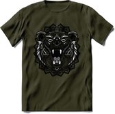 Beer - Dieren Mandala T-Shirt | Grijs | Grappig Verjaardag Zentangle Dierenkop Cadeau Shirt | Dames - Heren - Unisex | Wildlife Tshirt Kleding Kado | - Leger Groen - M