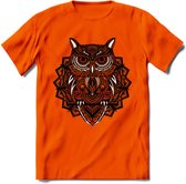 Uil - Dieren Mandala T-Shirt | Rood | Grappig Verjaardag Zentangle Dierenkop Cadeau Shirt | Dames - Heren - Unisex | Wildlife Tshirt Kleding Kado | - Oranje - L