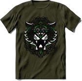 Tijger - Dieren Mandala T-Shirt | Groen | Grappig Verjaardag Zentangle Dierenkop Cadeau Shirt | Dames - Heren - Unisex | Wildlife Tshirt Kleding Kado | - Leger Groen - L