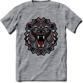 Beer - Dieren Mandala T-Shirt | Rood | Grappig Verjaardag Zentangle Dierenkop Cadeau Shirt | Dames - Heren - Unisex | Wildlife Tshirt Kleding Kado | - Donker Grijs - Gemaleerd - S