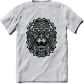 Leeuw - Dieren Mandala T-Shirt | Groen | Grappig Verjaardag Zentangle Dierenkop Cadeau Shirt | Dames - Heren - Unisex | Wildlife Tshirt Kleding Kado | - Licht Grijs - Gemaleerd - X