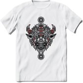 Bizon - Dieren Mandala T-Shirt | Rood | Grappig Verjaardag Zentangle Dierenkop Cadeau Shirt | Dames - Heren - Unisex | Wildlife Tshirt Kleding Kado | - Wit - XXL
