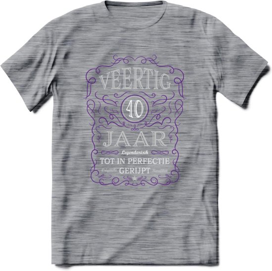 40 Jaar Legendarisch Gerijpt T-Shirt | Paars - Grijs | Grappig Verjaardag en Feest Cadeau Shirt | Dames - Heren - Unisex | Tshirt Kleding Kado | - Donker Grijs - Gemaleerd - M