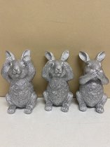 Zilveren konijnen " horen, zien & zwijgen" beeldjes - zilver- set van 3 - 13 cm hoog - polyresin - decoratief