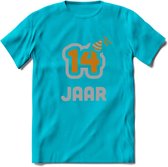14 Jaar Feest T-Shirt | Goud - Zilver | Grappig Verjaardag Cadeau Shirt | Dames - Heren - Unisex | Tshirt Kleding Kado | - Blauw - XL