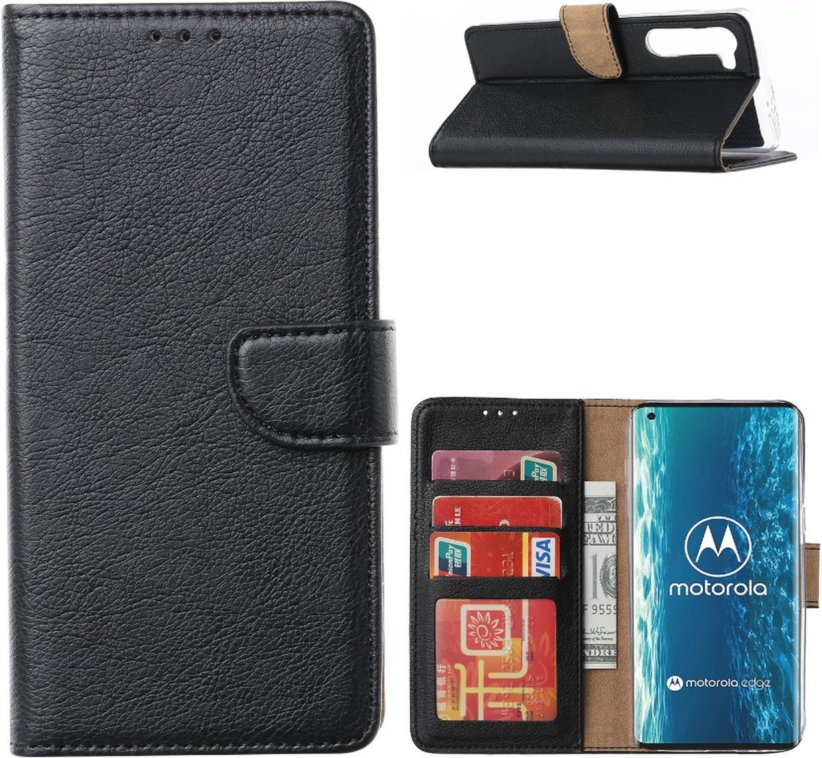 LuxeBass Hoesje geschikt voor Motorola Edge - Bookcase Zwart - portemonnee hoesje - telefoonhoes - gsm hoes - telefoonhoesjes