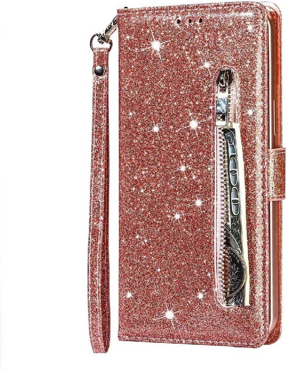 LuxeBass Hoesje geschikt voor Samsung Galaxy S20 Glitter Bookcase met rits - hoesje - portemonneehoesje - Rosé Goud - telefoonhoes - gsm hoes - telefoonhoesjes