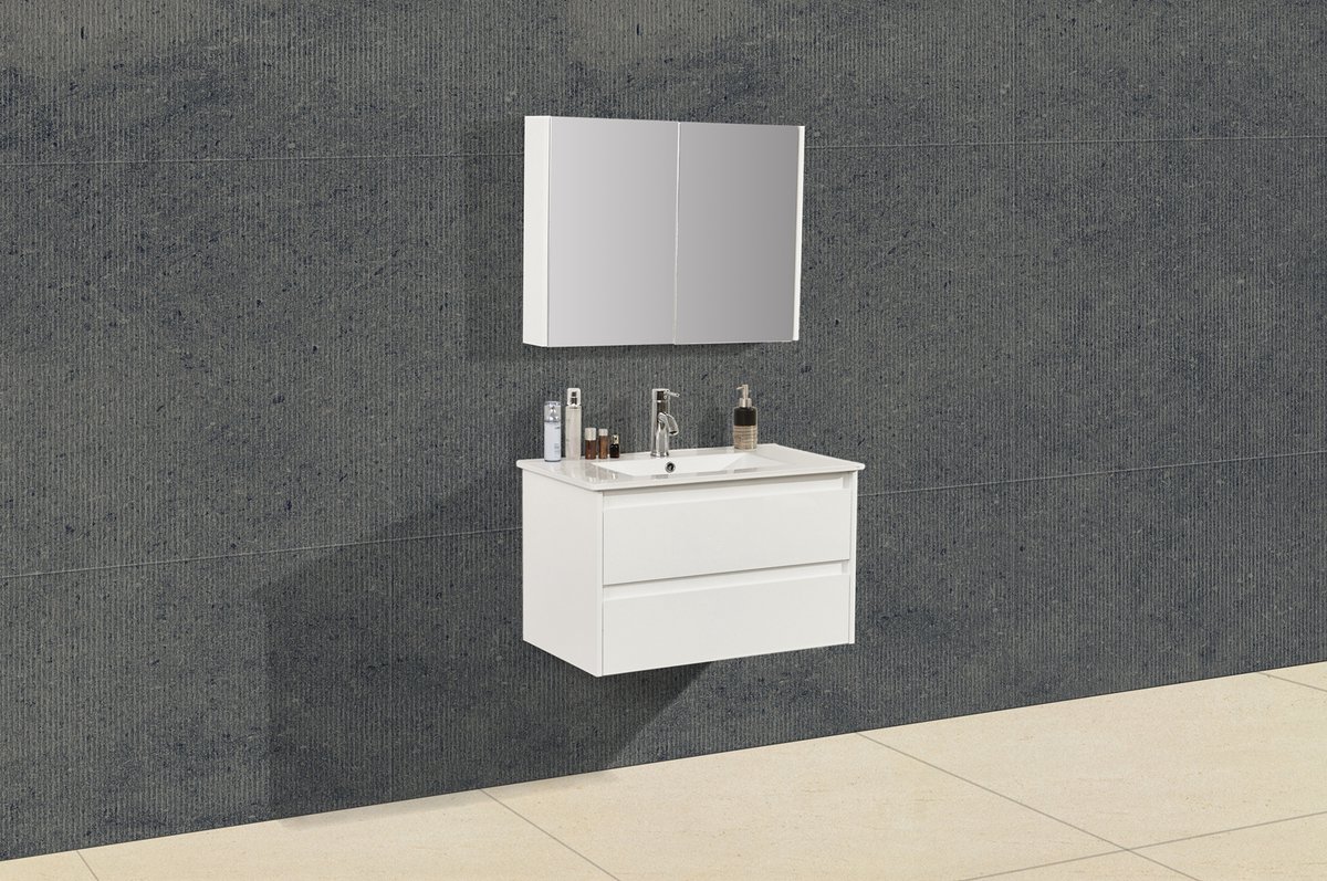 Badkamer meubel - 78,5x48x44cm - Hoogglans wit - Spiegel kast - Wastafel keramiek - Hangend