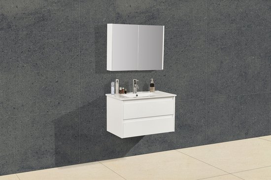 Badkamer meubel - 78,5x48x44cm - Hoogglans wit - Spiegel kast - Wastafel keramiek - Hangend