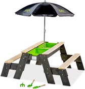 Table d'activités sable et eau, et de pique-nique (2 bancs) avec parasol et outils de jardinage EXIT Aksent