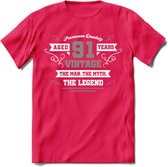 91 Jaar Legend T-Shirt | Zilver - Wit | Grappig Verjaardag en Feest Cadeau | Dames - Heren - Unisex | Kleding Kado | - Roze - XL