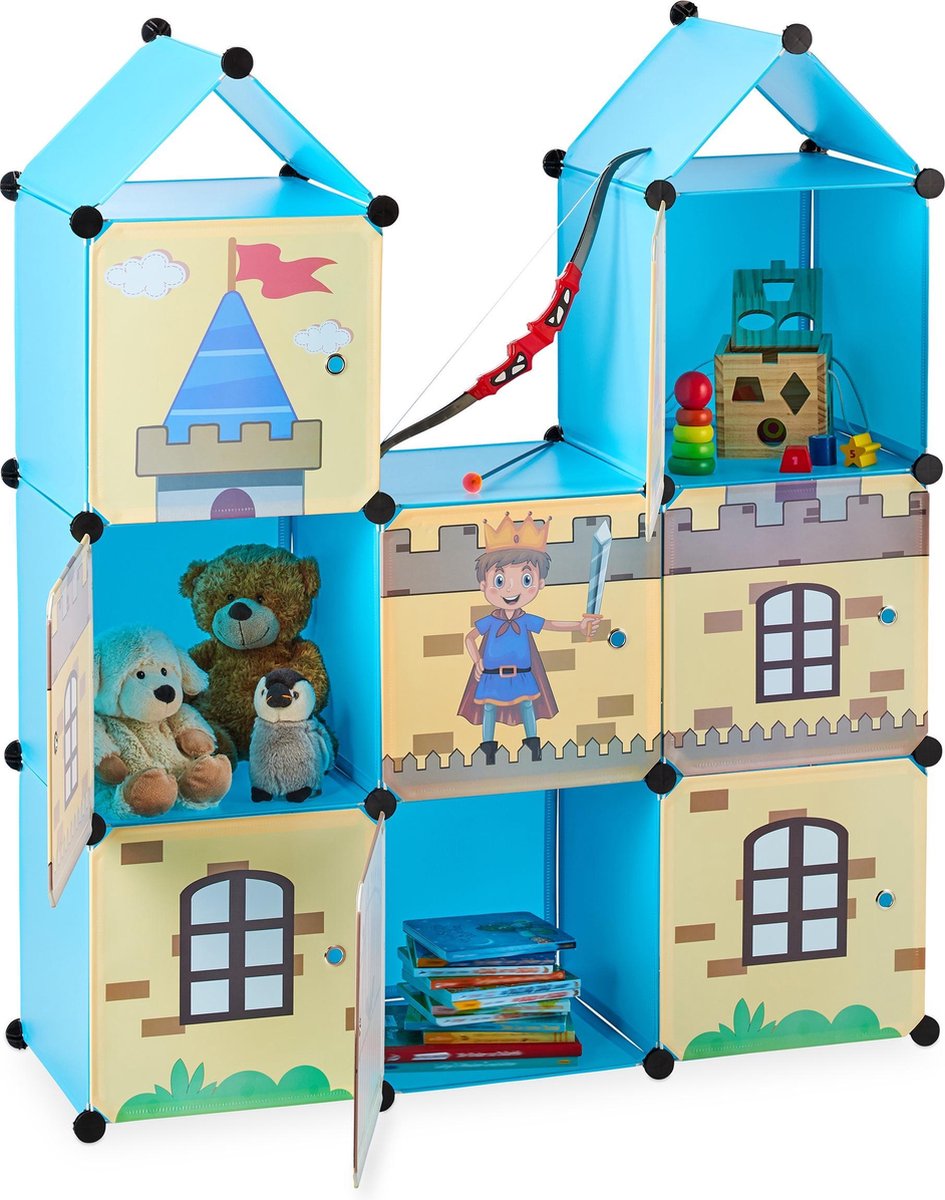 Relaxdays kinderkast, dieren, 6 boxen, 2 vakken, speelgoedkast, boekenkast kinderkamer, HBD 74x62x31.5 cm, gekleurd