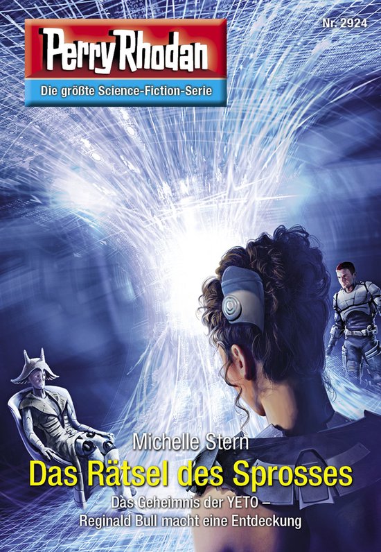 Sci-fi boekomslag Perry Rhodan 2924: Das Rätsel des Sprosses met een lichtgevend portaal, een buitenaards wezen en figuren.