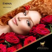 Close-up van een vrouw met rood haar, omringd door rode rozen. Tekst: EMMA, JANE AUSTEN.