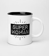 Mok - Zwart wit - Super Woman - Gevuld met droptieten - In cadeauverpakking met gekleurd lint