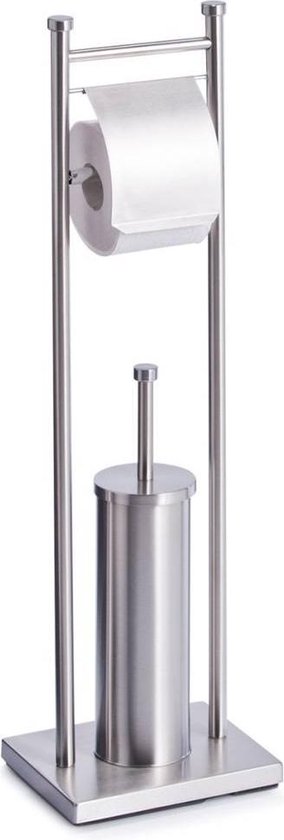 Porte-papier toilette en inox sur pied avec brosse WC intégrée sur socle carré.
